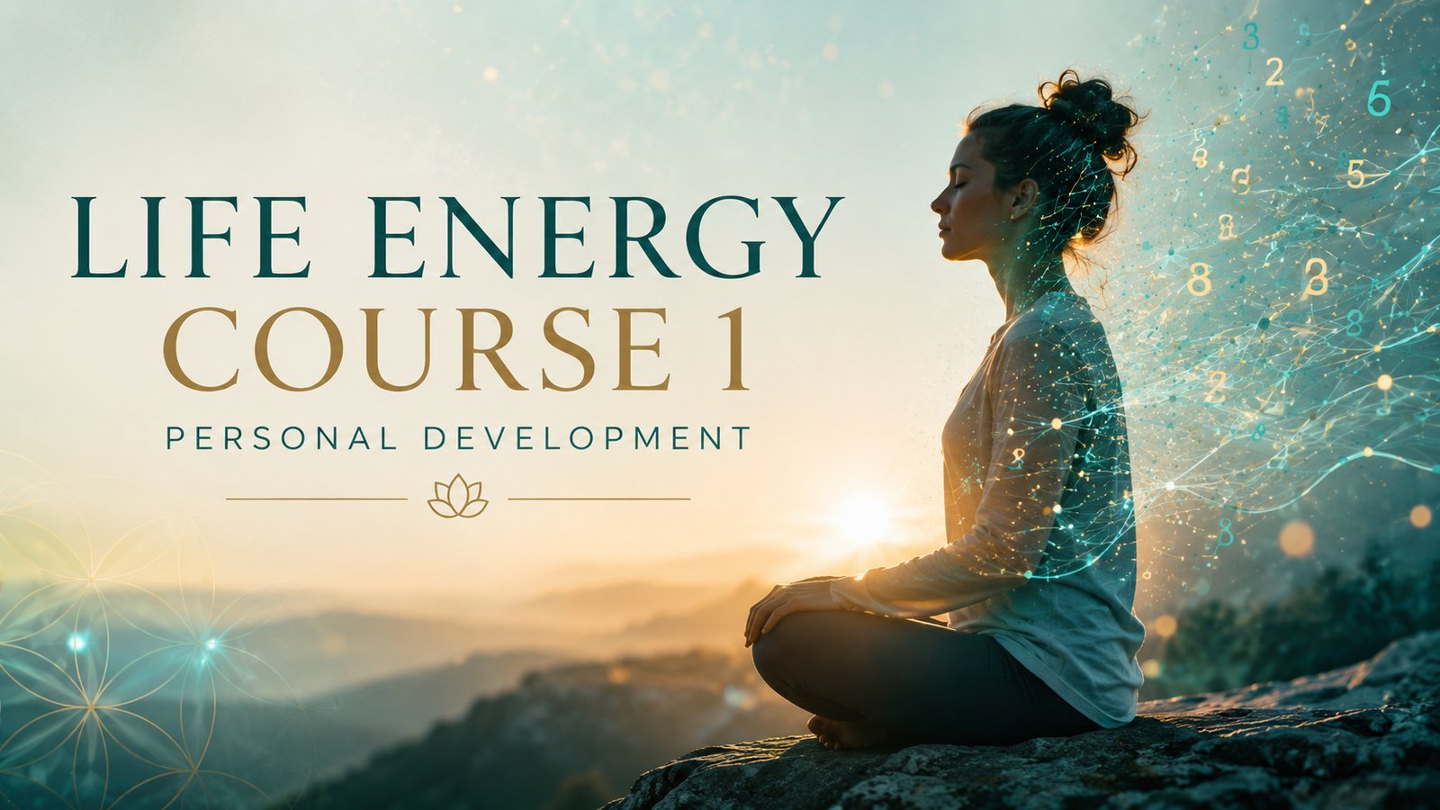 Life Energy Course 1: Personal Development, a woman meditating at sunrise with a chain of numbers dissolving beside her